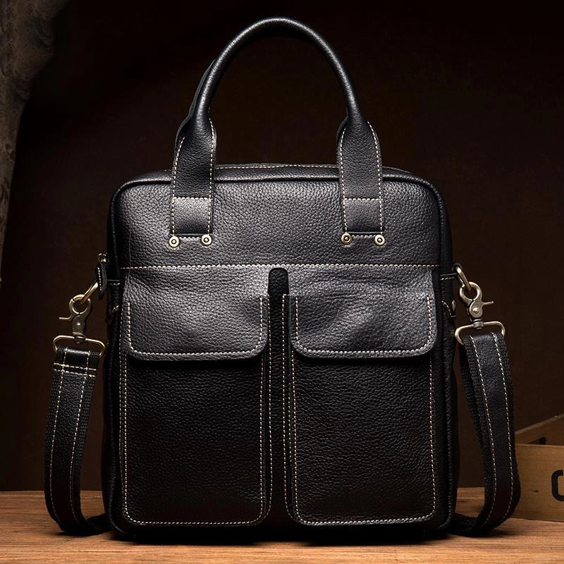 Fashion Black Leather 12 inches Vertical Briefcase Work Shoulder Bag Black Messenger Bag Computer Work Bag for Men Comfort Wear