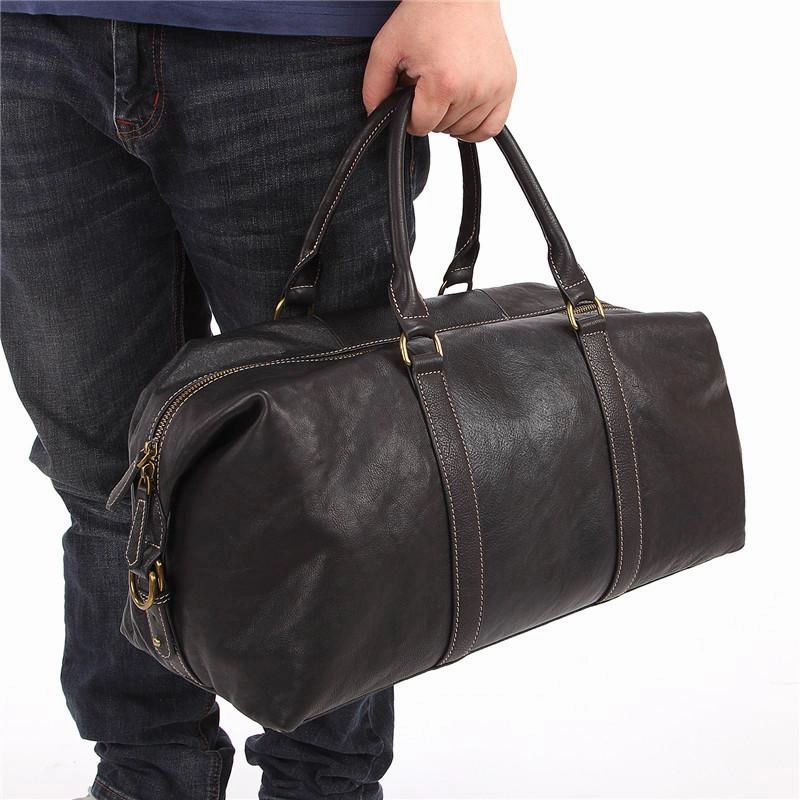 Lightweight Shell Fashion Black Leather Men's Weekender Bag Travel Bag Black Overnight Bag For Men