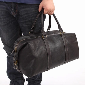 Lightweight Shell Fashion Black Leather Men's Weekender Bag Travel Bag Black Overnight Bag For Men
