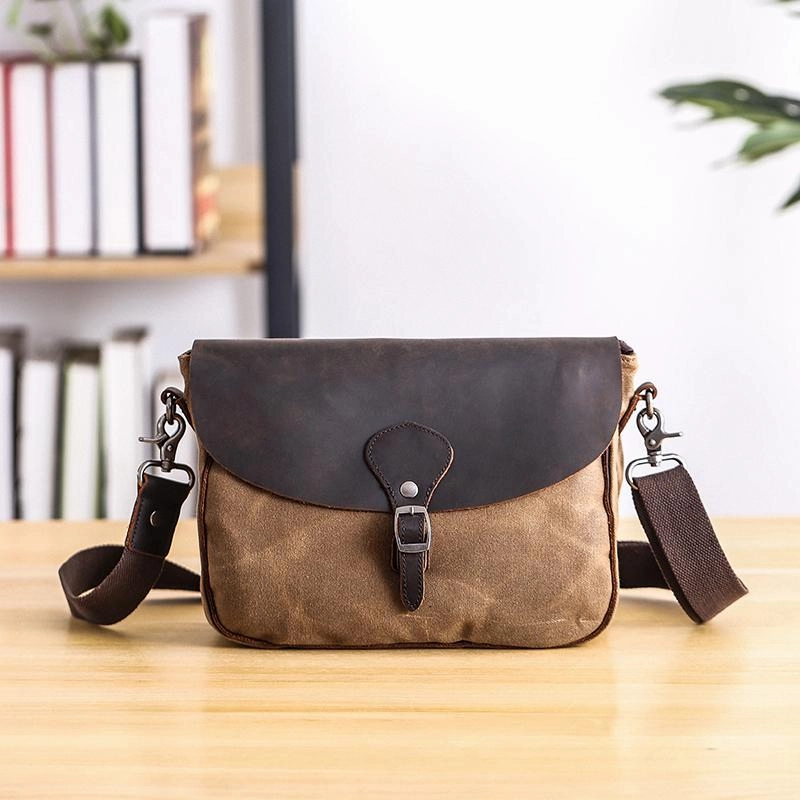 Daily Comfort Stylish Journey Waxed Canvas Leather Mens 10'' Khaki Side Bag Shoulder Bag Messenger Bag for Men