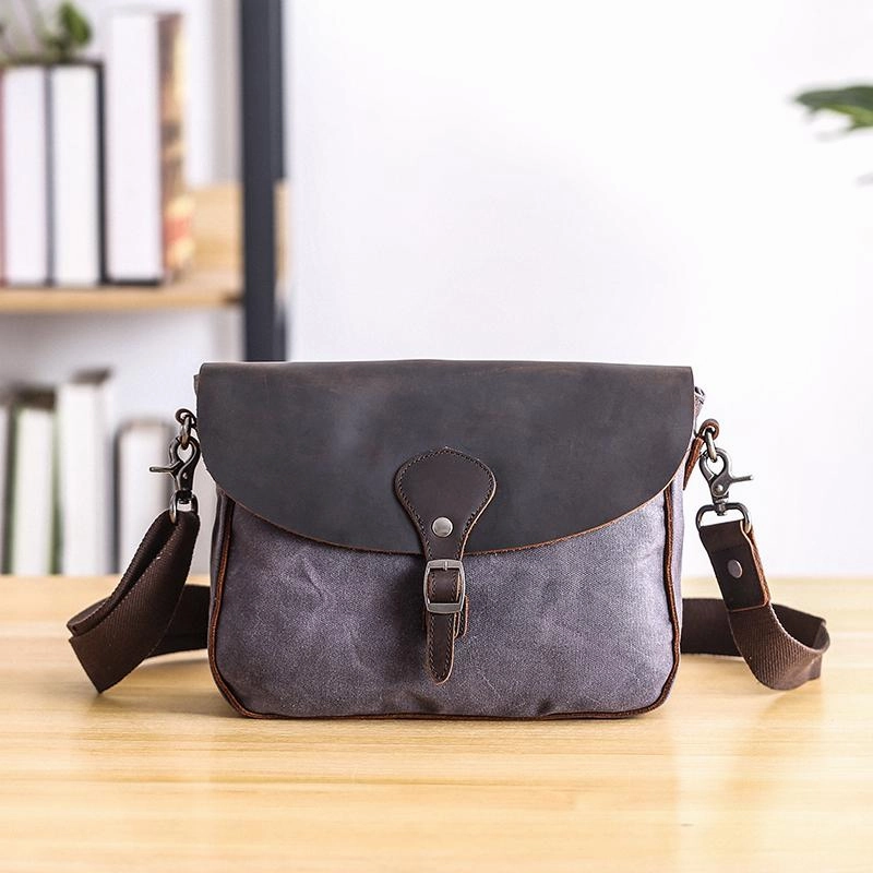 Waxed Canvas Leather Mens 10'' Khaki Side Bag Shoulder Bag Messenger Bag for Men All Season