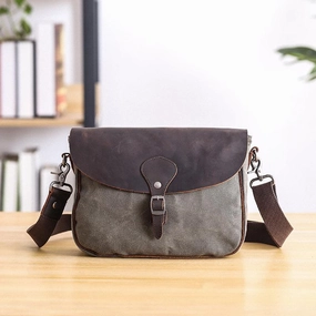 Waxed Canvas Leather Mens 10'' Khaki Side Bag Shoulder Bag Messenger Bag for Men Trendy Gear Smart Carry