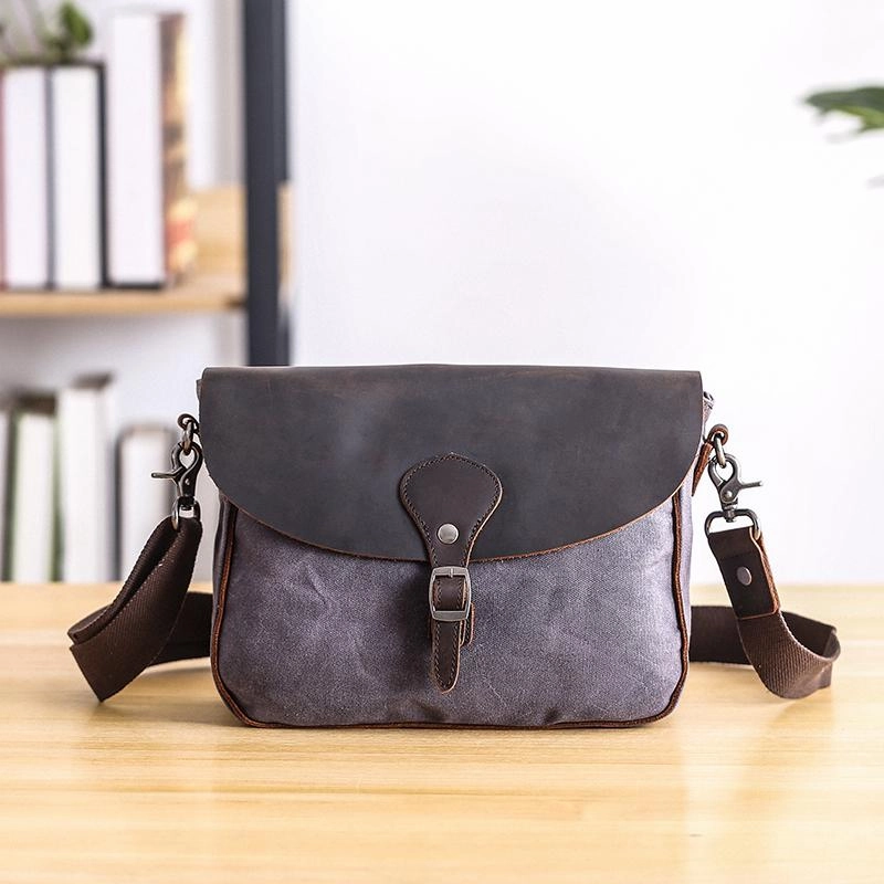 Waxed Canvas Leather Mens 10'' Khaki Side Bag Shoulder Bag Messenger Bag for Men Compact Performance