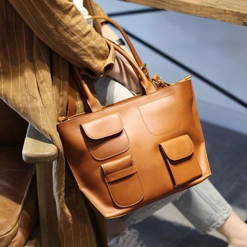 Fashion Brown Womens Leather Tote Handbag Side Bag Brown Zipper Top Tote Shoulder Bag for Work Smart Utility