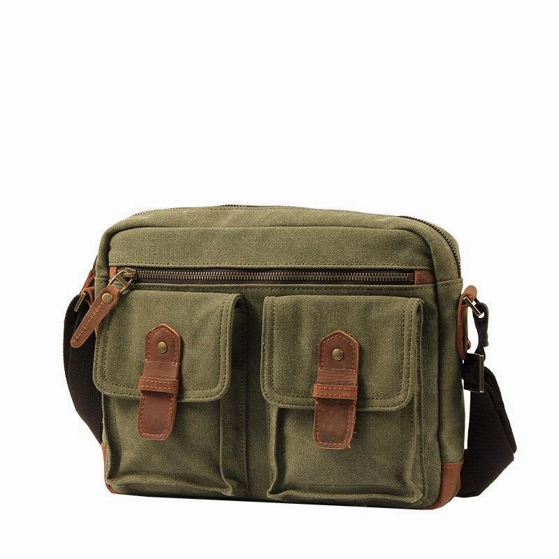 Fashion Canvas Leather Mens Khaki Side Bag Messenger Bags Army Green Canvas Courier Bag for Men Modern Utility