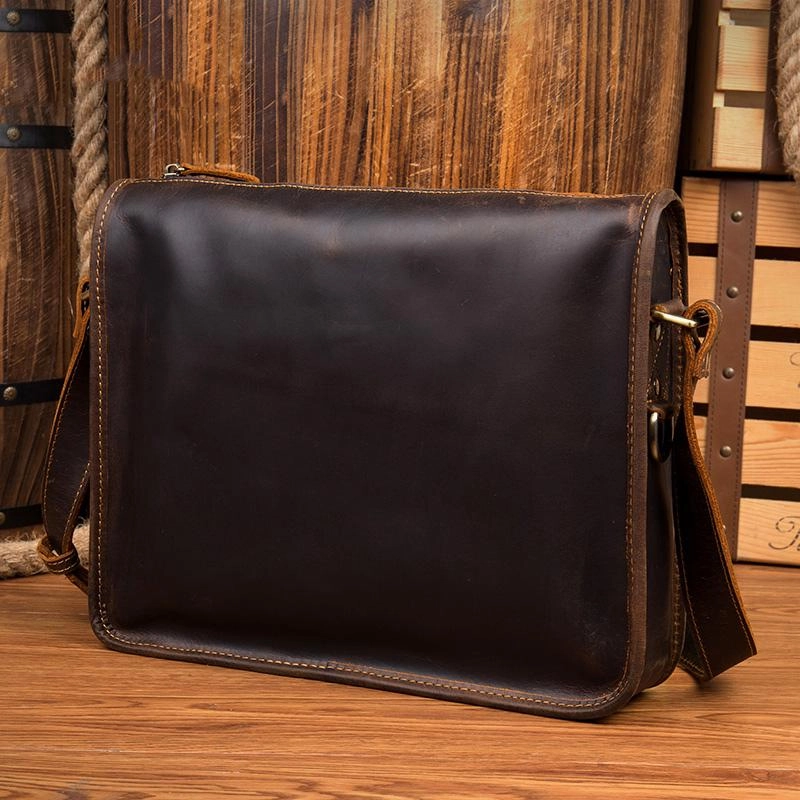 Fashion Dark Brown Leather 11 inches Postman Bag Messenger Bags Courier Bag for Men Functional Design Minimalist Comfort
