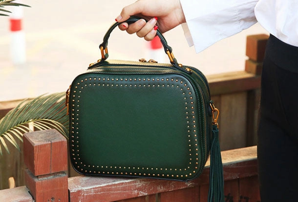 Genuine Leather handbag rivet bag tassels shoulder bag for women leather bag Office Everyday