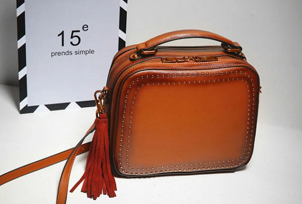 Sophisticated Daily Genuine Leather handbag rivet bag tassels shoulder bag for women leather bag