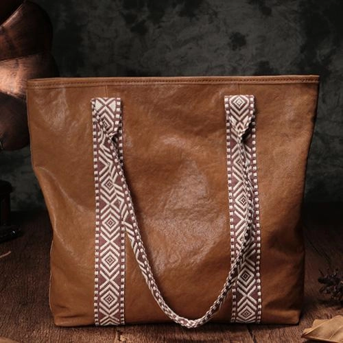 Vertical Brown Leather Tote Bag Womens Green Shopper Tote Handbag Purse Stylish Practicality