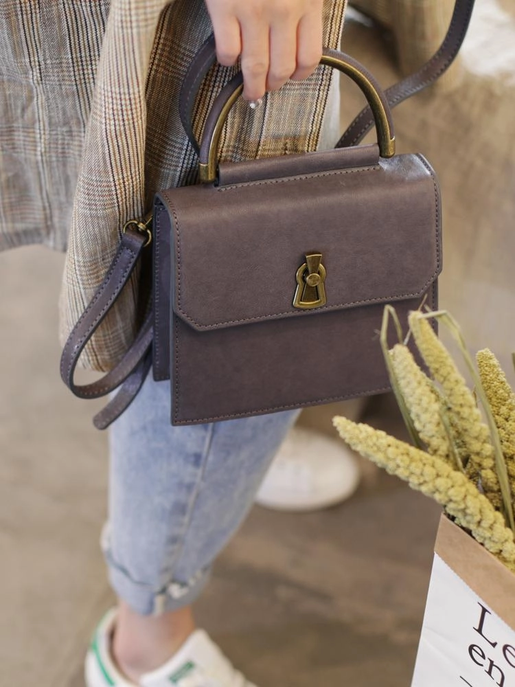 Fashion Gray Women's Small Handle Leather Satchel Handbag Purse Brown Square Shoulder Bag Crossbody Purse Minimalist Tote