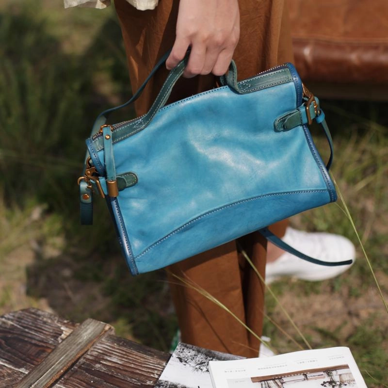 Functional Pocket Handmade WOmens Leather Blue WOrk Handbags Brown Work Shoulder Bag Purses