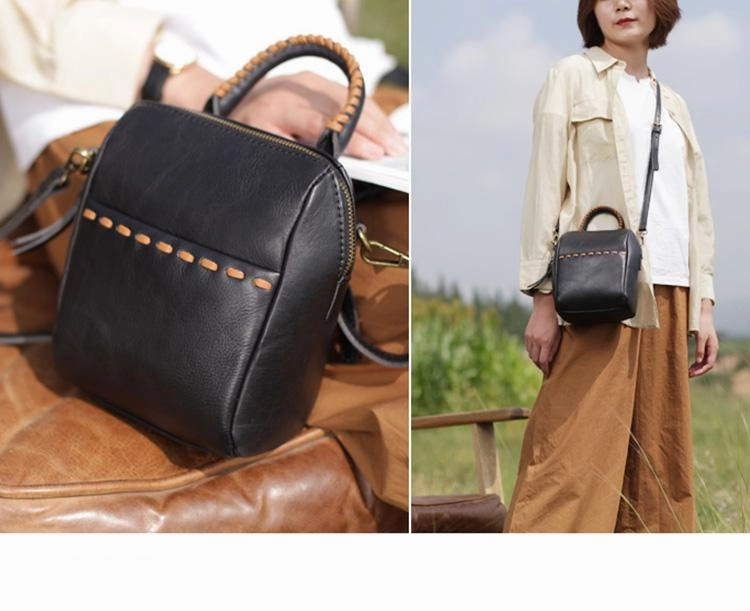 Fashion Small Womens Black Leather Bucket Shoulder Bag With Zipper Handbag CrossBody Bucket Bag Everyday Carry Casual Modern