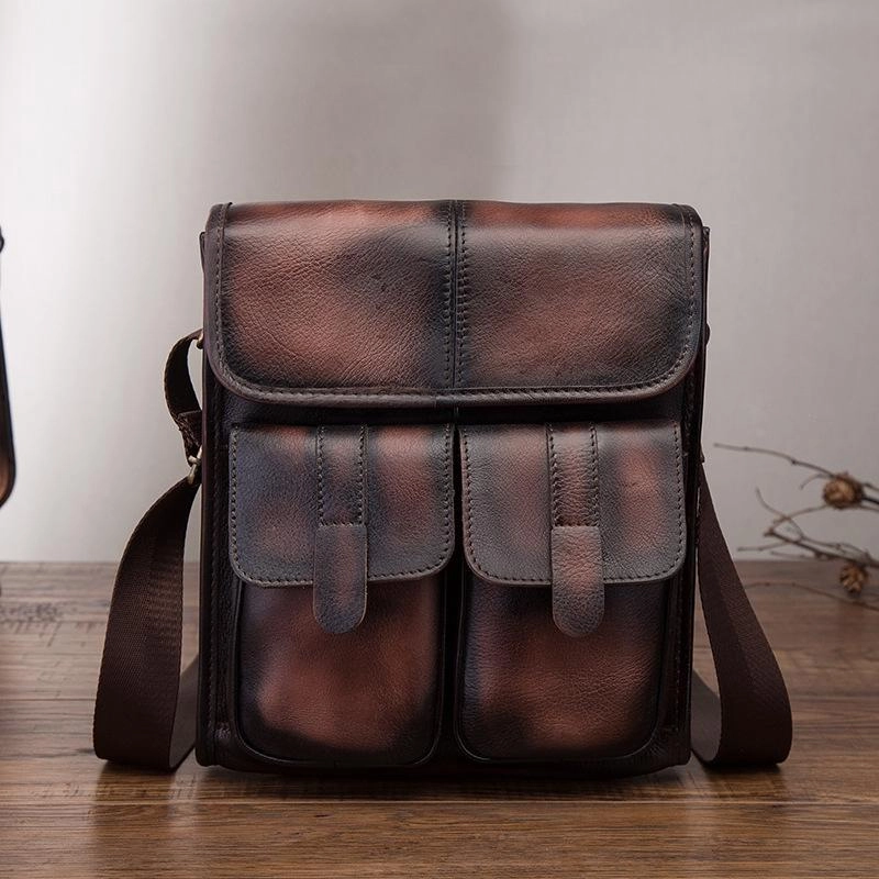 Compact Gear Everyday Style Cool Brown Leather Vertical Messenger Bag Men's Brown Side Bag Shoulder Bag Courier Bag For Men