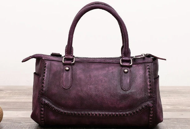 Fashion Look Elegant Innovation Genuine Handmade Boston Bag Vintage Leather Rivet Biker Handbag Shoulder Bag Women Leather Purse