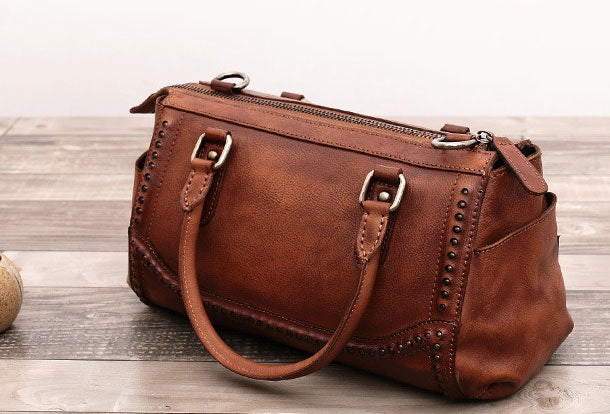 Luxury Choice Genuine Handmade Boston Bag Vintage Leather Rivet Biker Handbag Shoulder Bag Women Leather Purse