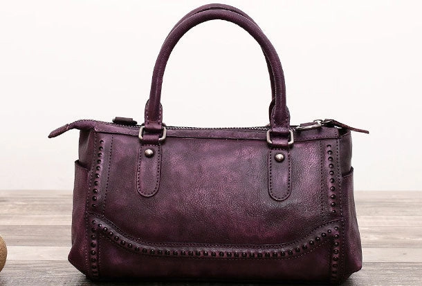 Genuine Handmade Boston Bag Vintage Leather Rivet Biker Handbag Shoulder Bag Women Leather Purse Elegant Look