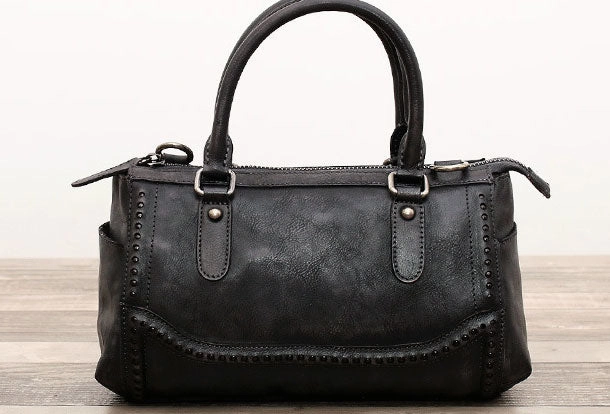 Genuine Handmade Boston Bag Vintage Leather Rivet Biker Handbag Shoulder Bag Women Leather Purse Comfy Fit Soft Texture