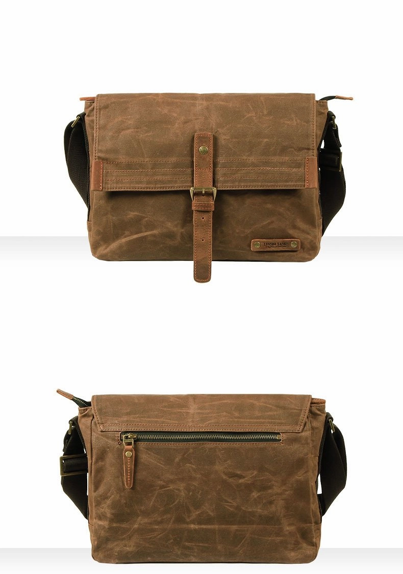Fashion Waxed Canvas Leather Mens Army Green Side Bags Messenger Bags Khaki Casual Canvas Courier Bag for Men Weekend Travel Practical Choice