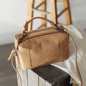 Fashion Women's Small Leather Black Satchel Handbags Brown Cube Square Shoulder Bag Crossbody Bag Fine Stitching