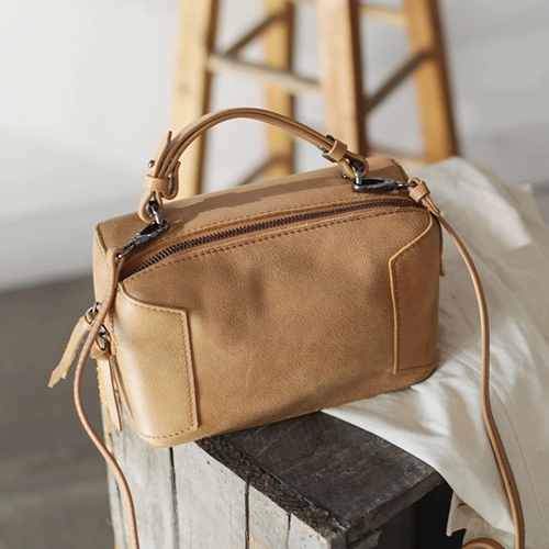 Fashion Women's Small Leather Black Satchel Handbags Brown Cube Square Shoulder Bag Crossbody Bag Waterproof Fabric Compact Feature