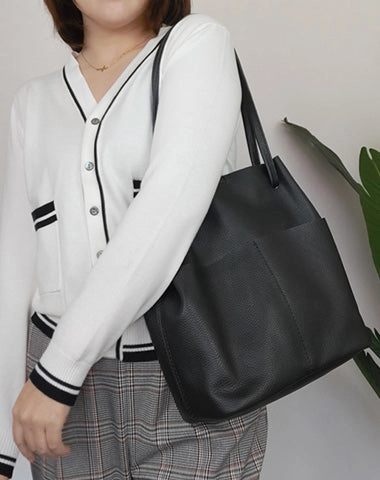 Fashion Womens Black Leather Tote Bag Vertical Brown Shoulder Tote Bag Bucket Tote For Women Stylish Option