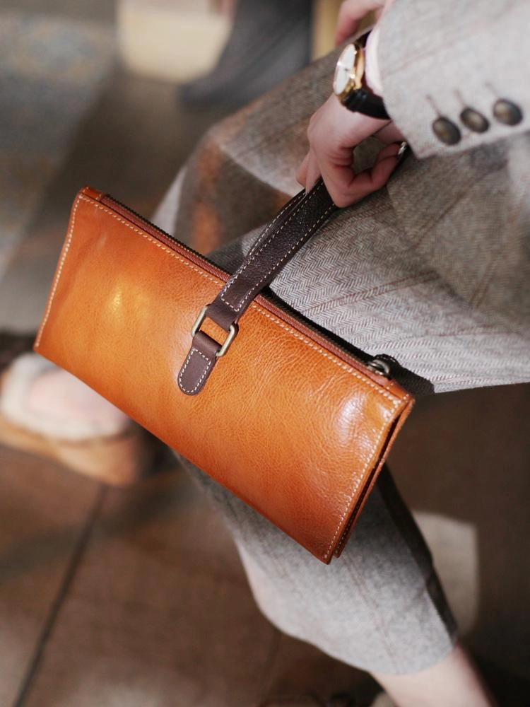 Minimal Texture Fashion Womens Brown Leather Unusual Handbags Soft Tan Leather Handbag Folded Clutch Purse