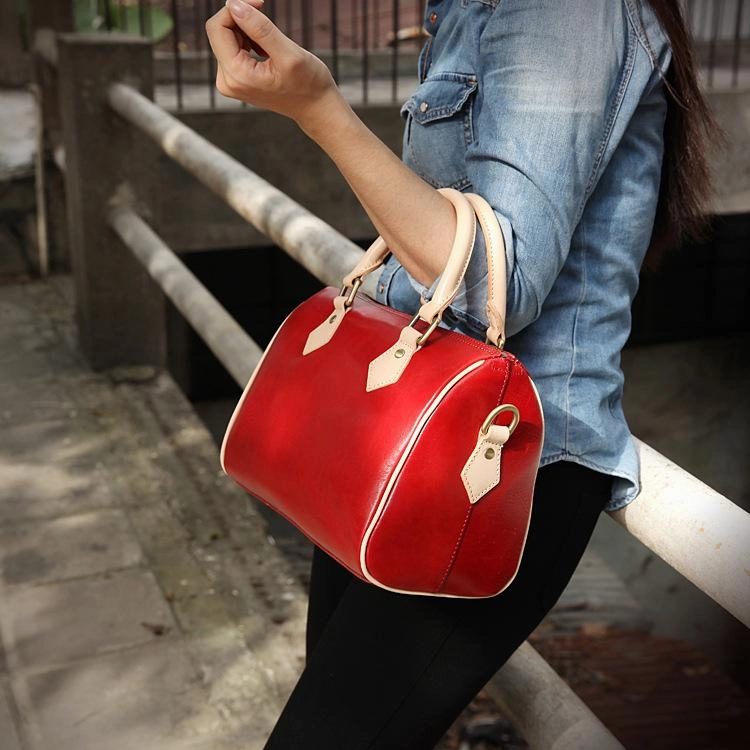Fashion Womens Coffee Leather Small Boston Handbag Best Coffee Leather Boston Purse Side Bag Refined Evening