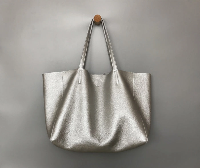Professional Outfit Fashion Womens Silver Leather Oversize Tote Bag Black Shoulder Tote Bag Handbag Tote For Women