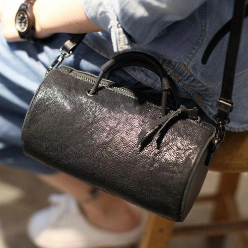 Hidden Pocket Fashion Womens Small Black Leather Barrel Handbag Bucket Black Shoulder Bag Crossbody Bag Purse