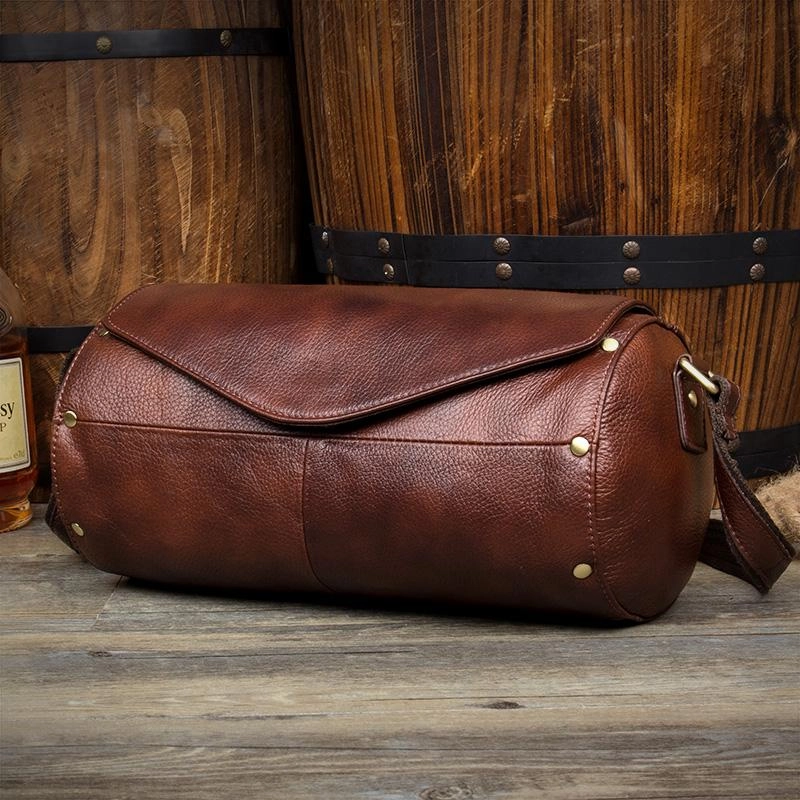 Cool Brown Leather Mens Bucket Courier Bag Side Bag Brown Postman Bag Messenger Bag For Men Outdoor Everyday Street Style