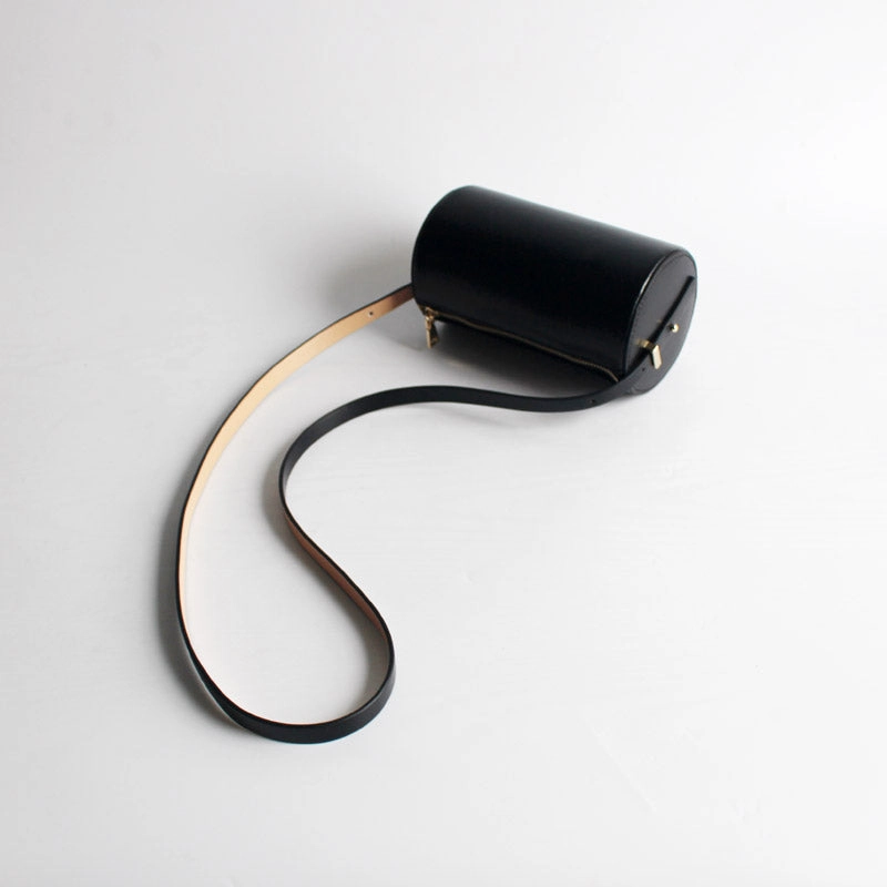 Cute Womens Black Leather Barrel Crossbody Purse Bucket Round Shoulder Bag for Women Simple Elegant Design Minimalist Carryall