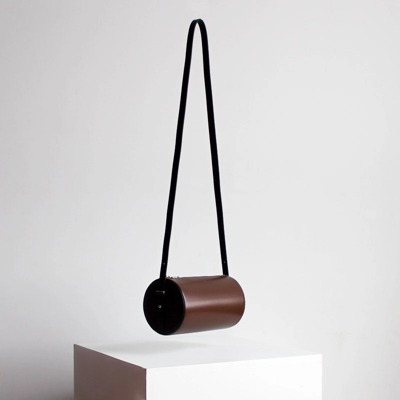 Minimal Design Cute Womens Black Leather Barrel Crossbody Purse Bucket Round Shoulder Bag for Women