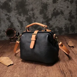 Trendy Style Black Leather Women's MIni Doctor Handbag Small Doctors Bag Doctor Style Handbag Purse for Ladies