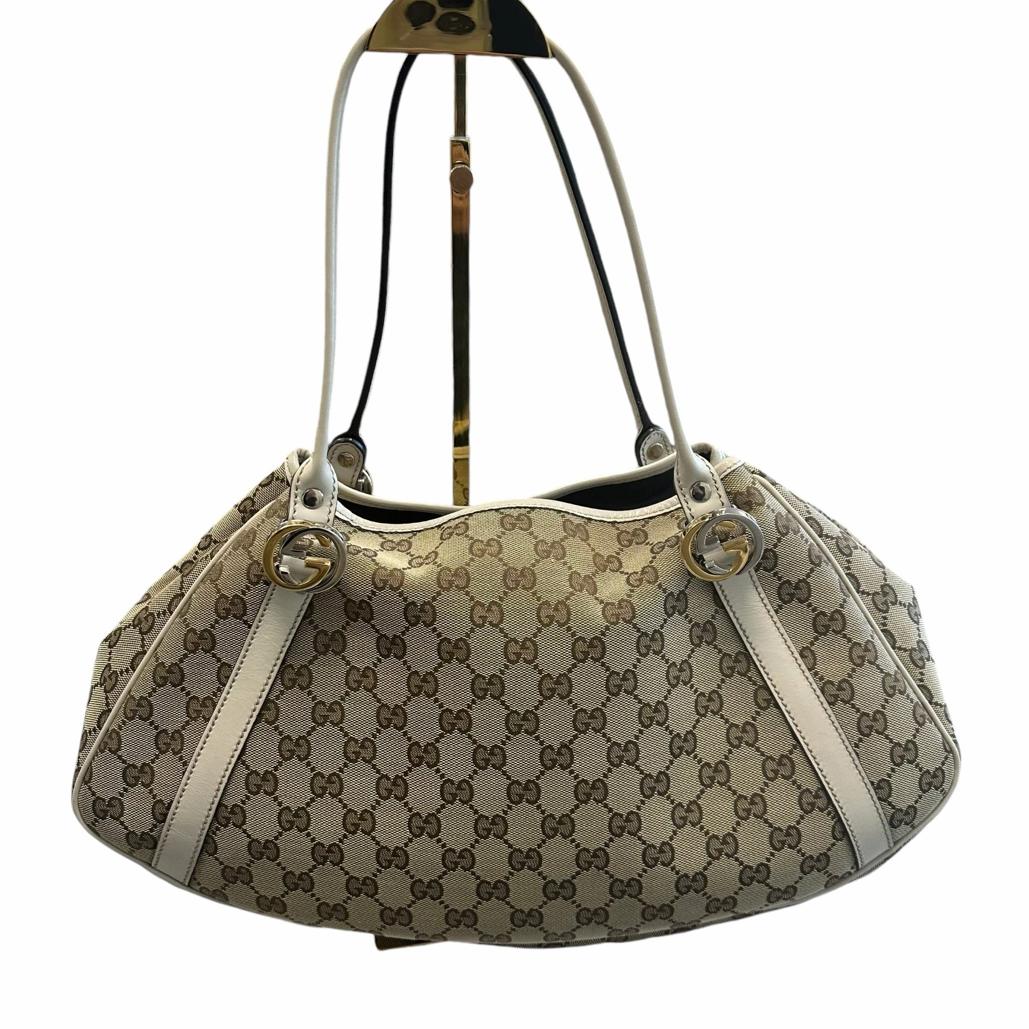 Workwear Companion Sculpted Form Gucci Handbag East West Logo Print w Ivory handles