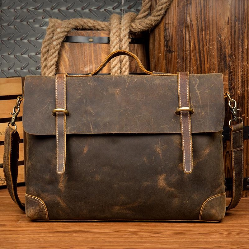 Vintage Dark Brown Leather 15 inches Briefcase Messenger Bags Work Side Bags for Men work commute