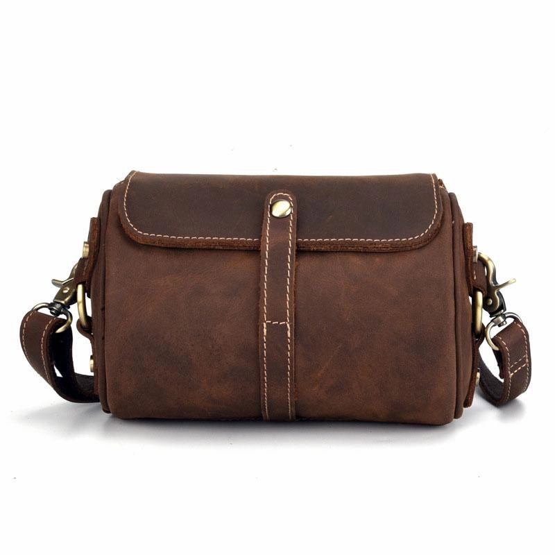 Vintage Mens Leather Barrel Side Bag Small Bucket Messenger Bag For Men Urban Travel