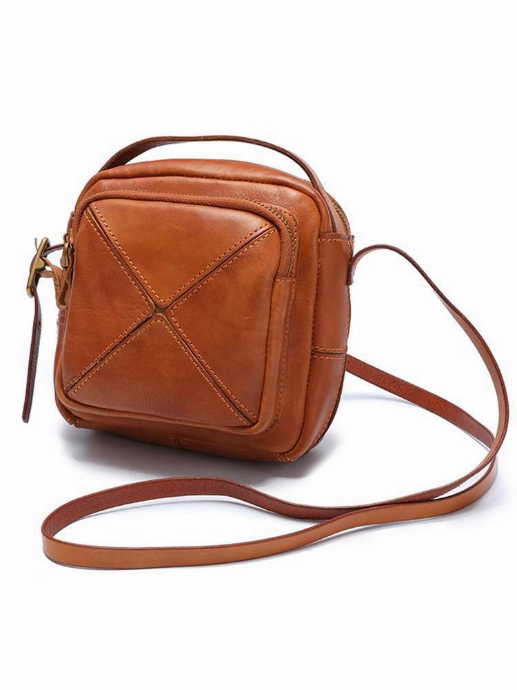 Vintage Womens Brown Leather Square Small Handbag Side Bag Crossbody Bag for ladies Modern Trend