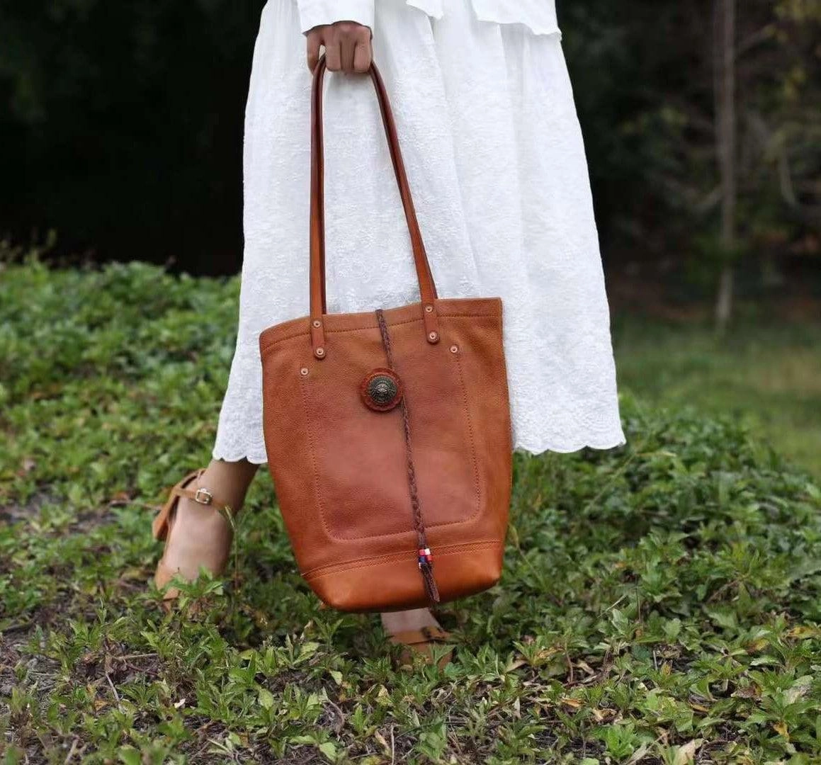 Minimalist Carryall Comfort Carry Handle Full Grain Leather Bohemian Shoulder Bag Tote Bag Handmade Leather Bucket Bag, Ethnic Bag Women/Men Bag, Brown Black Leather Bag,