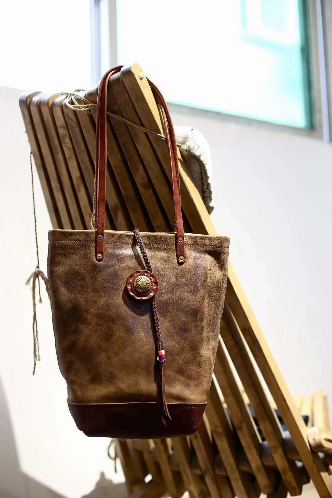 Full Grain Leather Bohemian Shoulder Bag Tote Bag Handmade Leather Bucket Bag, Ethnic Bag Women/Men Bag, Brown Black Leather Bag, Easy Chic Accessory