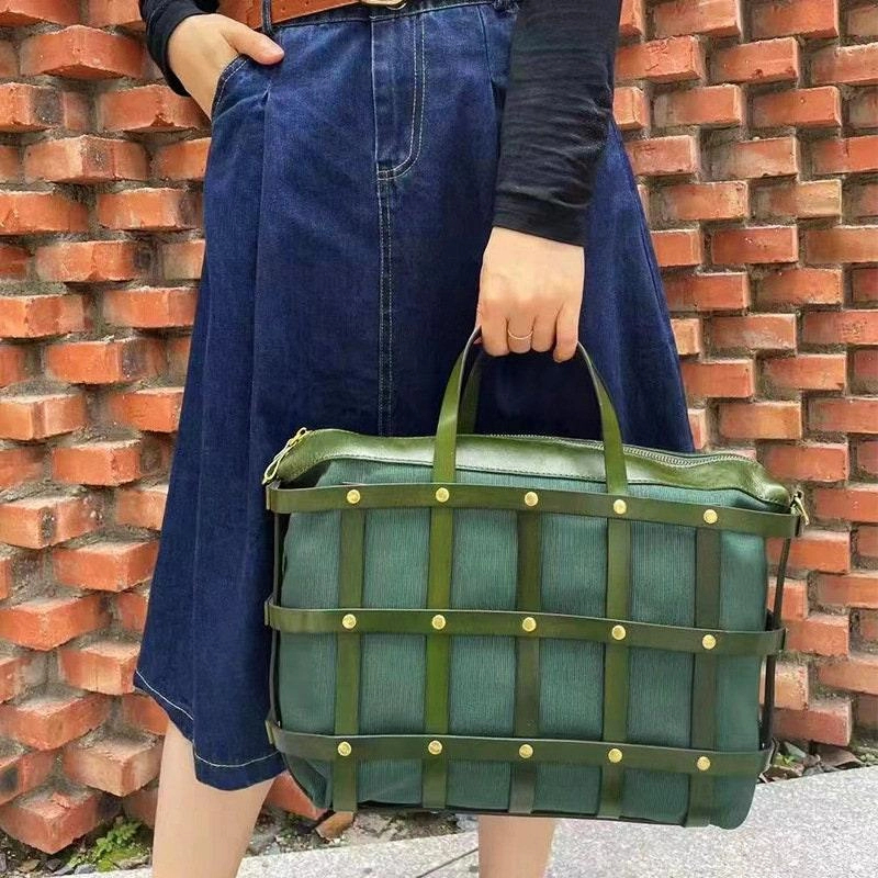 Full Grain Leather Designer Handwoven Bag / Large Black, Green Hollow Out Cut Out Shoulder Bag, Crossbody Bag, Retro Briefcase Comfort Fit