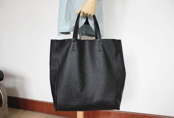 Simple Charm Genuine Leather Bag Handmade Black Tote Bag Shoulder Bag Handbag For Women