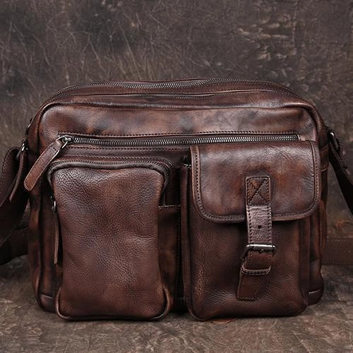 Cool Mens Brown Leather Messenger Bag Coffee Side Shoulder Bag Courier Bag Postman Bag for Men Comfort Wear Modern Gear