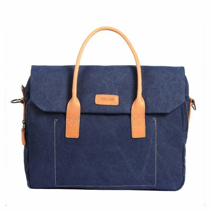 Navy Blue Canvas Leather Mens Briefcase Messenger Bags Khaki Casual Shoulder Bag for Men Modern Design Lightweight Journey