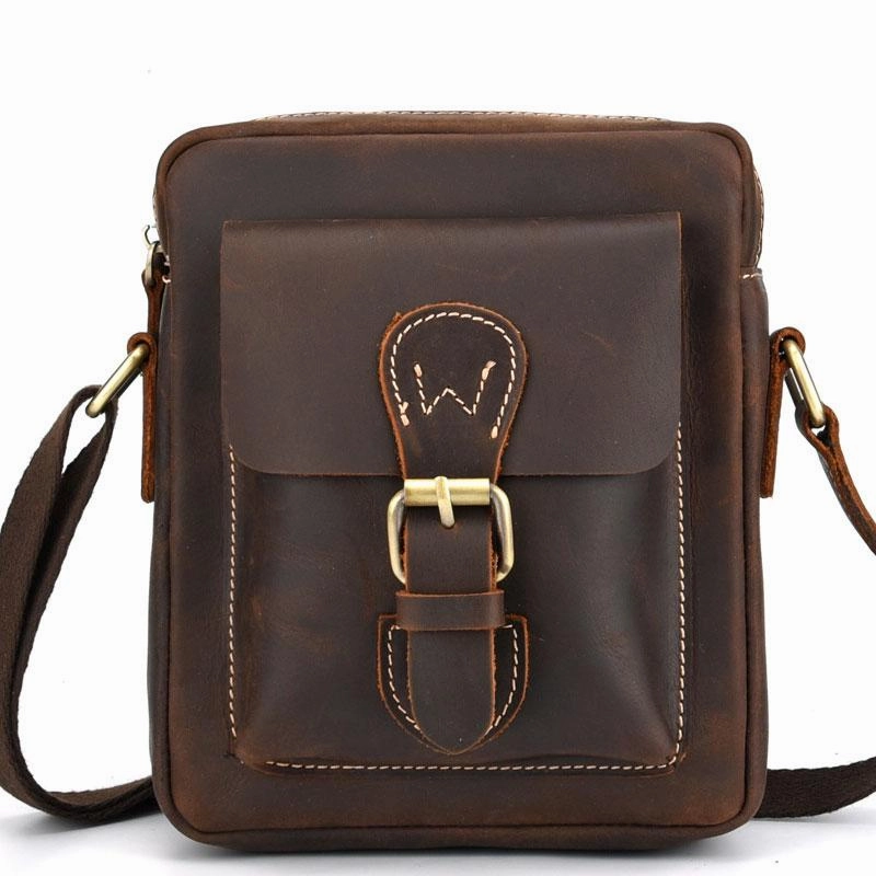 Soft Texture Urban Lifestyle Cool Dark Brown Leather Mens Small Messenger Bags Cool Side Bag Tablet Messenger Bag for men