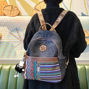 Functional Fashion Boho Style Backpack Womens Vintage Black Gray Embroidery Boho Backpack Canvas Backpack Outdoor Lifestyle Sleek Organizer