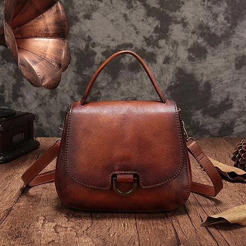 Vintage Womens Green Leather Small Handbag Shoulder Bag Brown Dome Satchel Purse Bag for Ladies Sleek Finish Elegant accessory