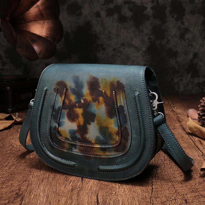 Vintage Womens Green Leather Saddle Handbag Vintage Style Shoulder Purses for Ladies Smart Evening