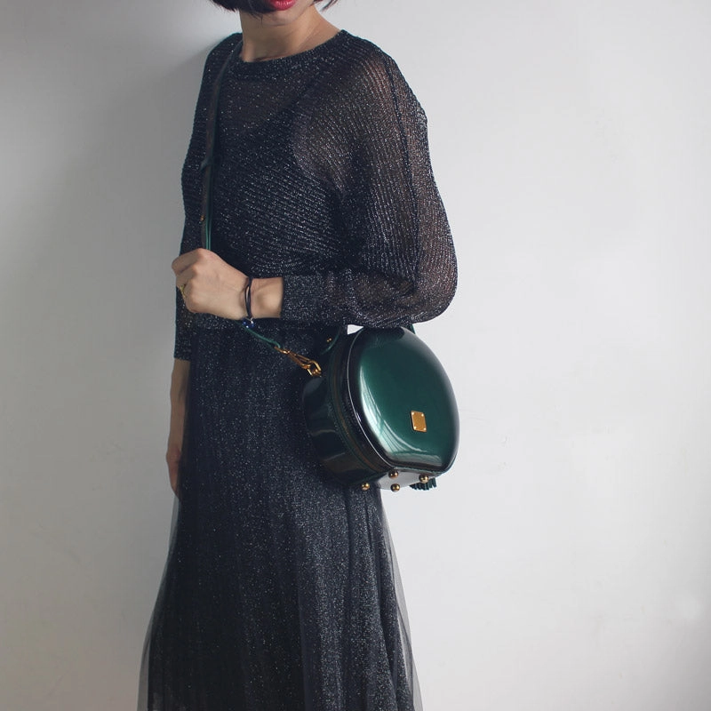 Versatile functionality Balanced Structure Womens Black Leather Round Handbag Crossbody Purse With Tassels Black Round Shoulder Bags for Women