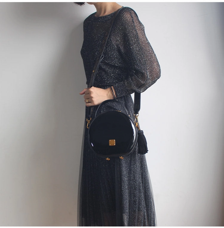 Womens Black Leather Round Handbag Crossbody Purse With Tassels Black Round Shoulder Bags for Women Daily Ready