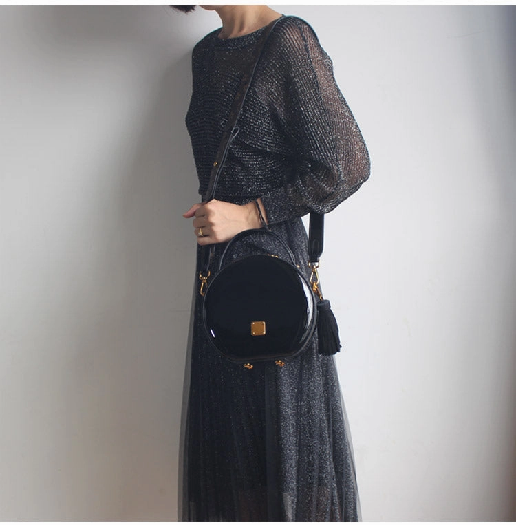 Refined Luxury Minimal Edge Womens Black Leather Round Handbag Crossbody Purse With Tassels Black Round Shoulder Bags for Women